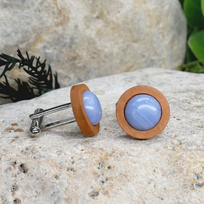 Wood Cufflinks with Blue Agate Stone #189