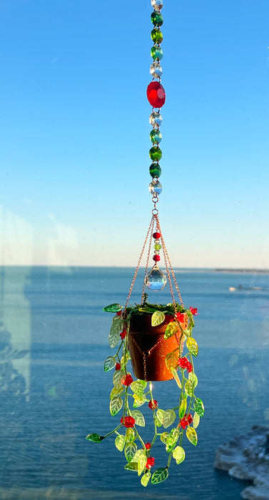 Floral Leafy ‘Forever’ Plant Suncatcher with Glass Prisms & Spinner