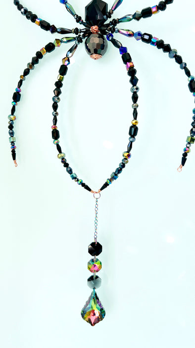 Midnight Prism – Black Rainbow Beaded Spider Suncatcher