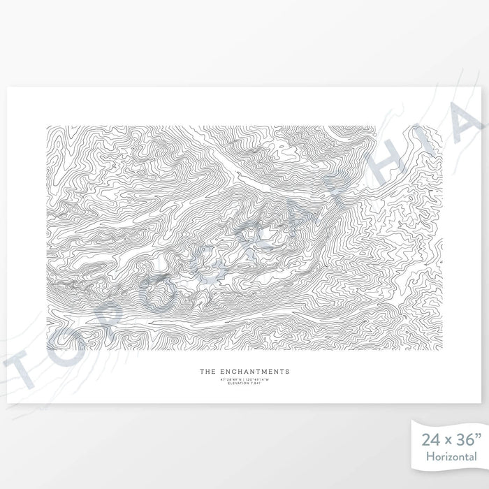 Horizontal custom topo map print of the Enchantments, Washington. Contour lines show the mountain topography of the area. Mountain elevation artwork