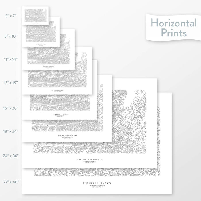 Mountain art of the Washington Enchantments. Map wall decor is available in multiple sizes: 5x7, 8x10, 11x14, 16x20, 18x24, 24x36, and 27x40.