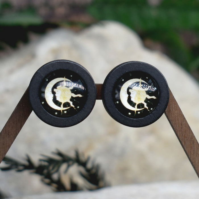 Wood Stud Earrings With Glass Cabochon #193