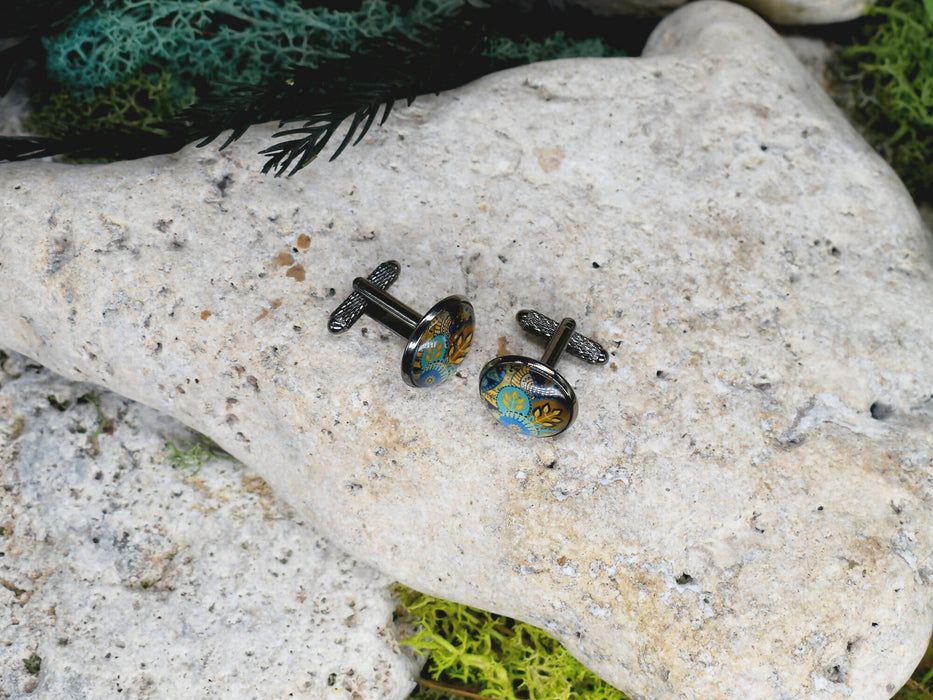 Black Steel Cufflinks with Abstract Glass #217