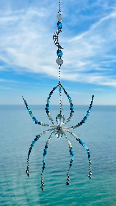 Moonlit Tide Spider – Blue Celestial Beaded Suncatcher