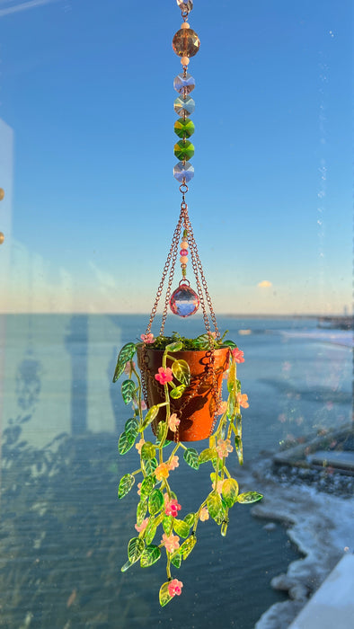 Floral Leafy ‘Forever’ Plant Suncatcher with Glass Prisms & Spinner