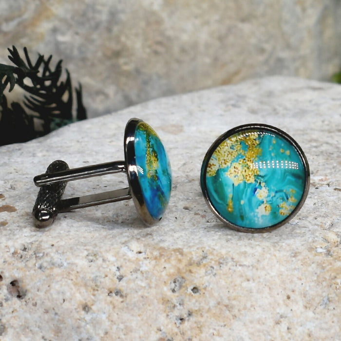 Black Steel Cufflinks with Abstract Glass #230