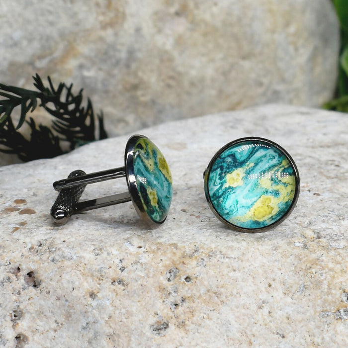 Black Steel Cufflinks with Abstract Glass #199