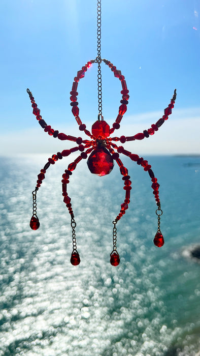 Crimson Web Weaver – Beaded Spider & Web Suncatcher