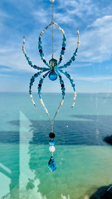 Sea Glass Spider – Blue & Aqua Beaded Spider Suncatcher