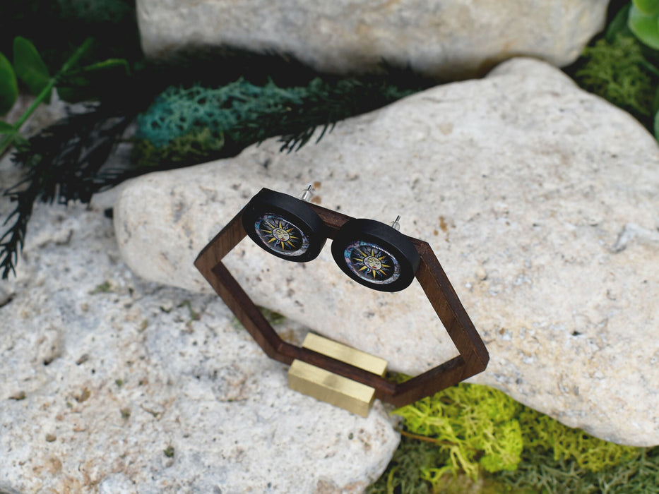 Wood Stud Earrings With Glass Cabochon #168