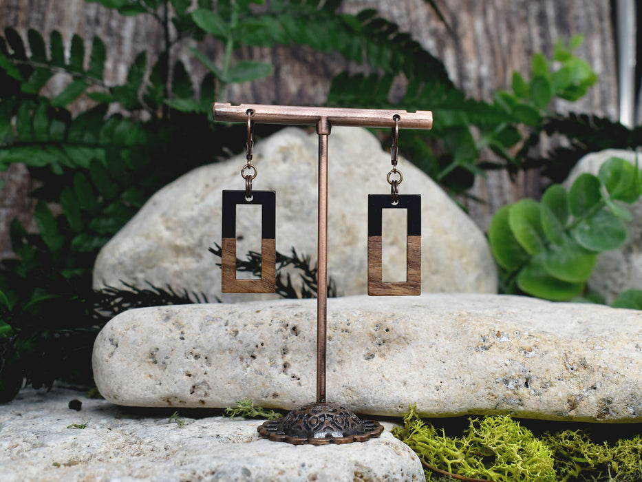 Wood Dangle Earrings with Black Resin #254