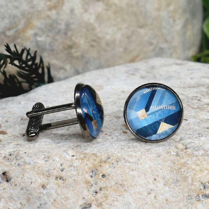 Black Steel Cufflinks with Abstract Glass #205
