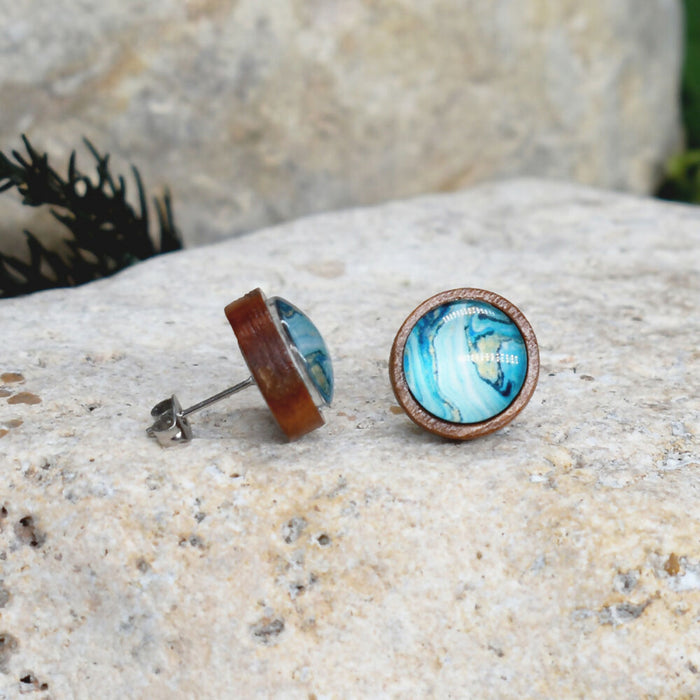 Wood Stud Earrings With Resin Cabochon #381