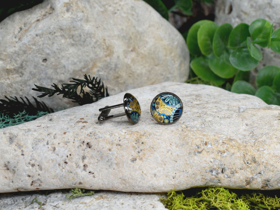 Black Steel Cufflinks with Abstract Glass #221