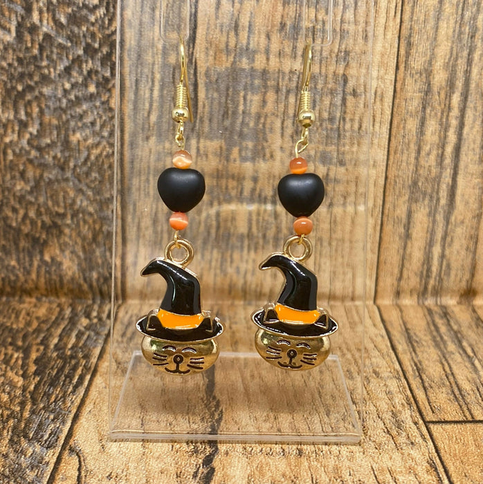 Cat in a Witch Hat Halloween Earrings