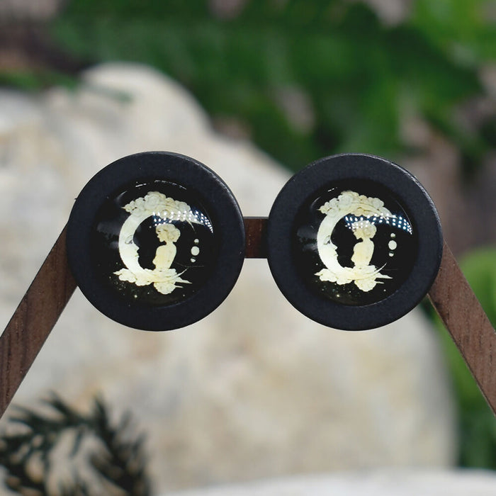 Wood Stud Earrings With Glass Moon Cabochon #164