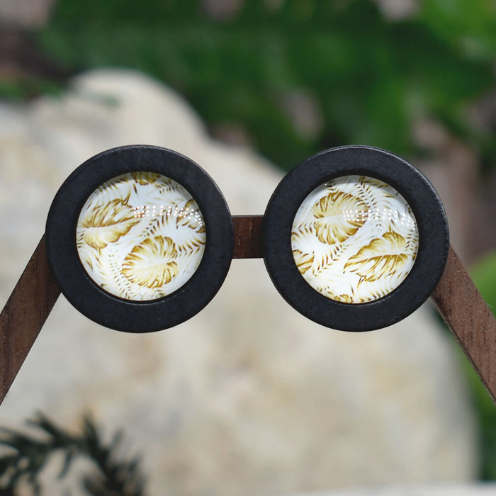 Wood Stud Earrings With Glass Monstera Cabochon #169