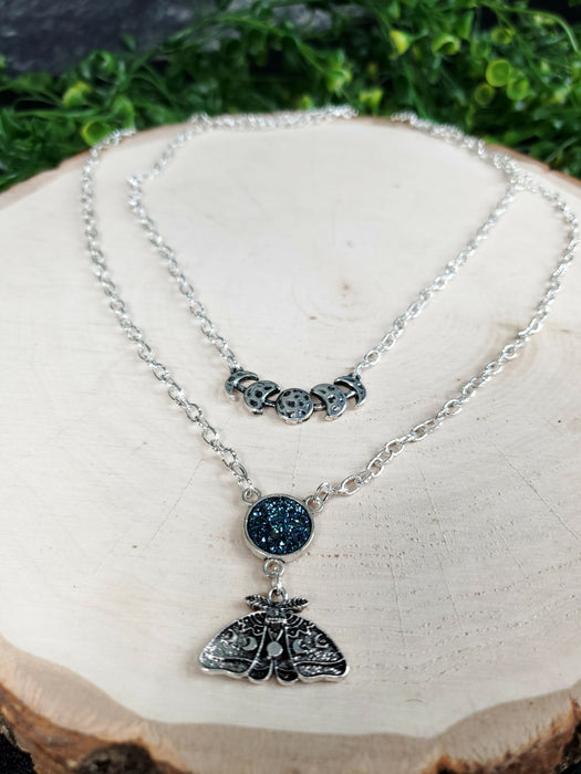 Silver Moth Moon Phase layered Necklace, Silver Chain Necklace