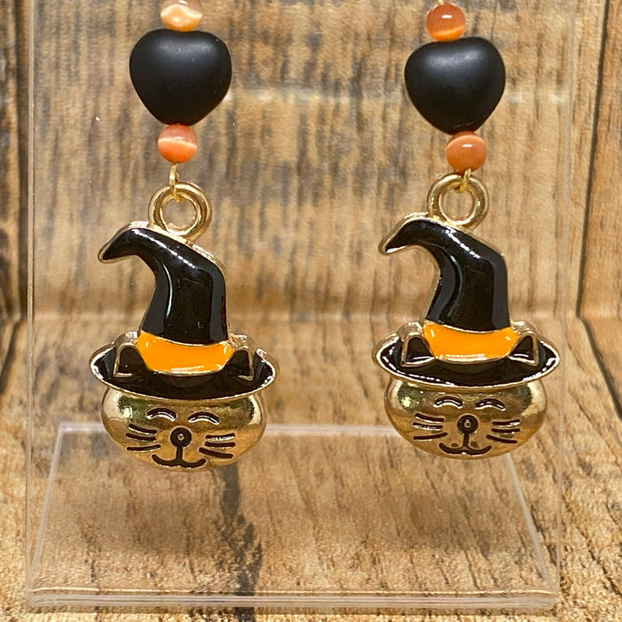 Cat in a Witch Hat Halloween Earrings