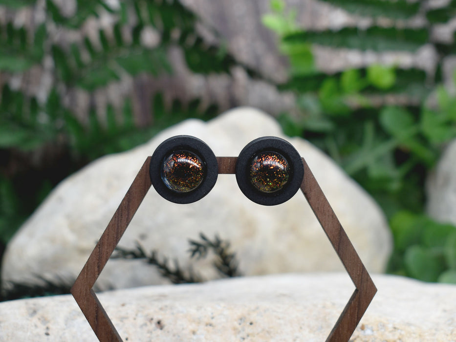 Black Wood Stud Earrings With Resin Chameleon Cabochons #137