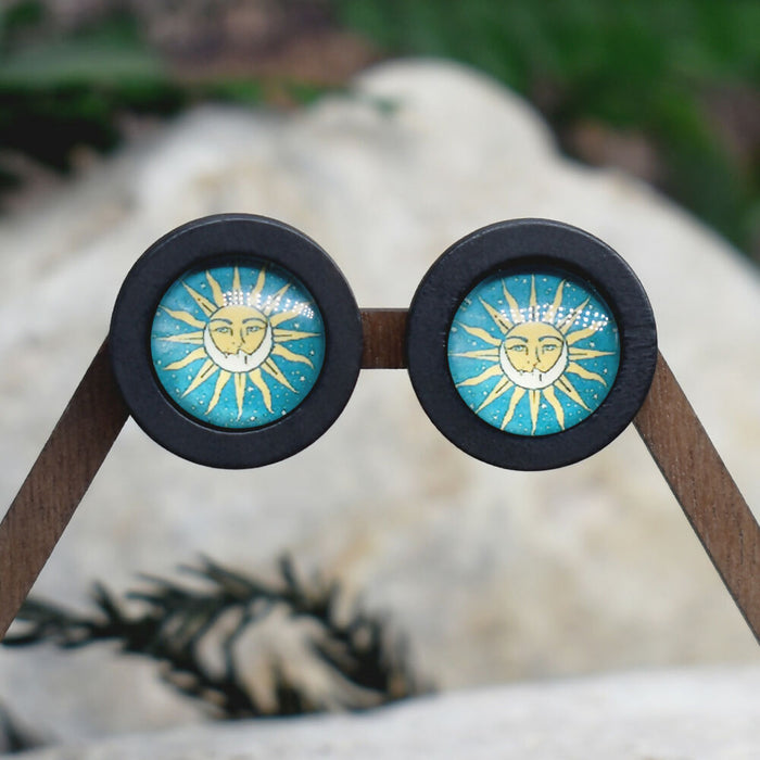 Wood Stud Earrings With Glass Cabochon #180