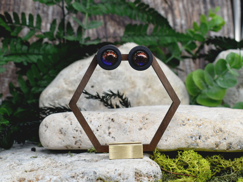 Wood Stud Earrings With Resin Chameleon Cabochon #239