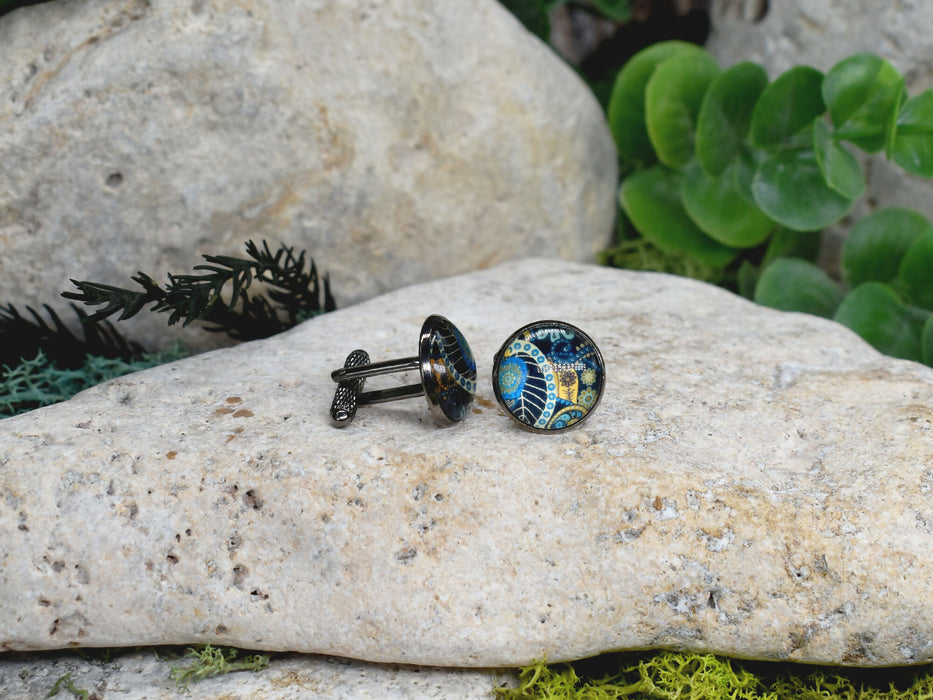 Black Steel Cufflinks with Abstract Glass #215