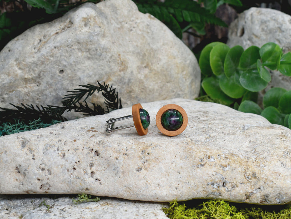 Wood Cufflinks with Ruby Zoisite Stone #188