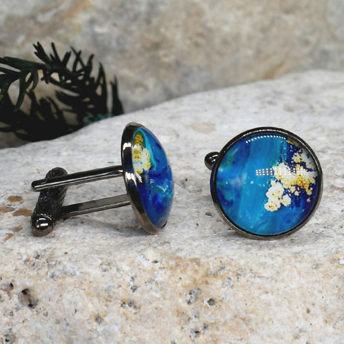 Black Steel Cufflinks with Abstract Glass #229