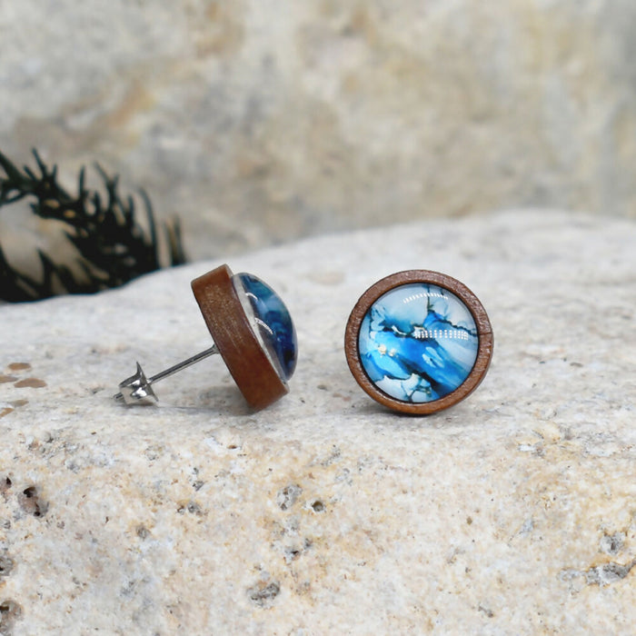 Wood Stud Earrings With Resin Cabochon #365