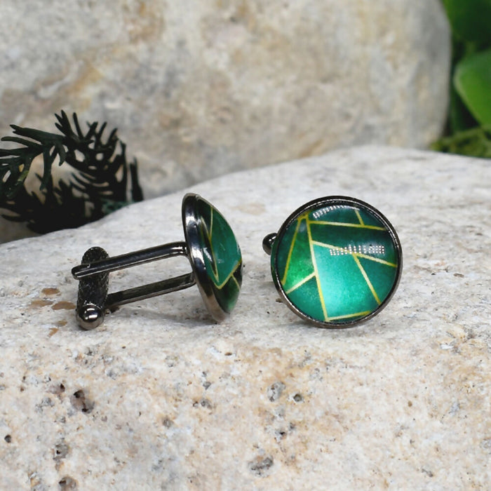 Black Steel Cufflinks with Abstract Glass #196