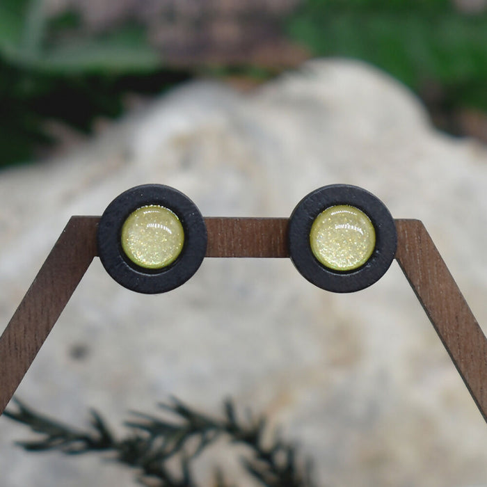 Wood Stud Earrings With Resin Chameleon Cabochon #232