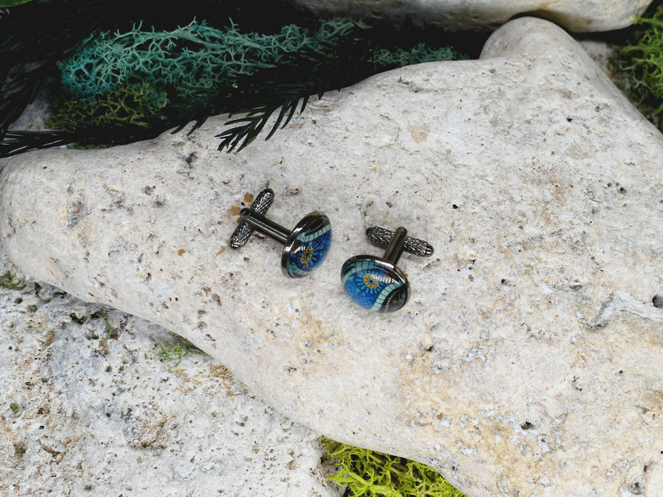Black Steel Cufflinks with Abstract Glass #222
