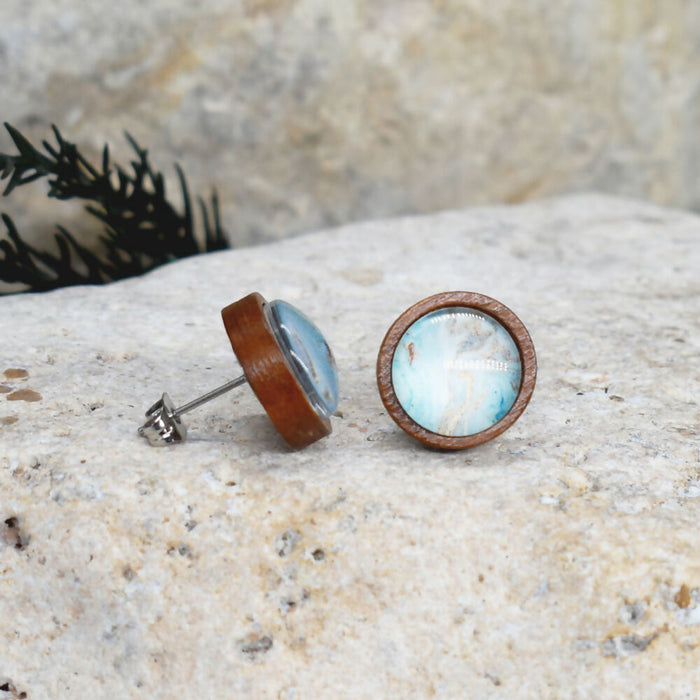 Wood Stud Earrings With Resin Cabochon #376