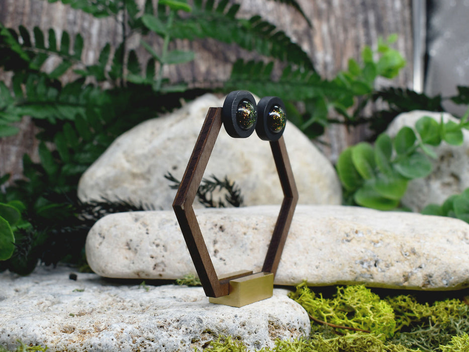 Wood Stud Earrings With Resin Chameleon Cabochon #237