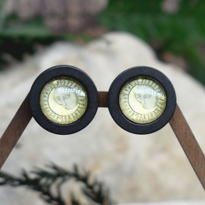 Wood Stud Earrings With Glass Cabochon #184
