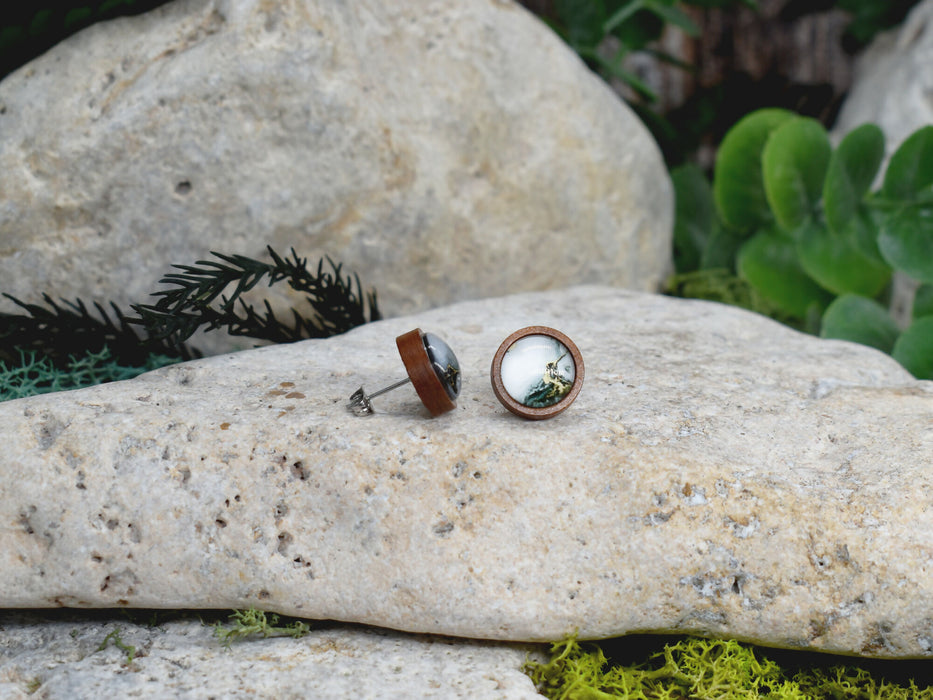 Wood Stud Earrings With Resin Cabochon #364