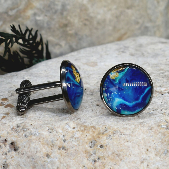 Black Steel Cufflinks with Abstract Glass #233