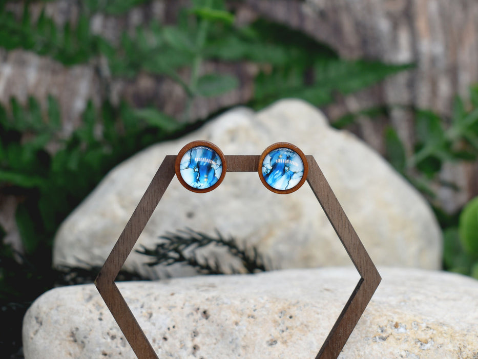 Wood Stud Earrings With Resin Cabochon #365