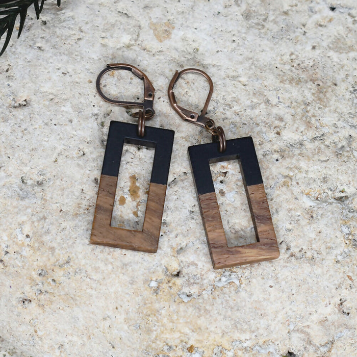 Wood Dangle Earrings with Black Resin #254
