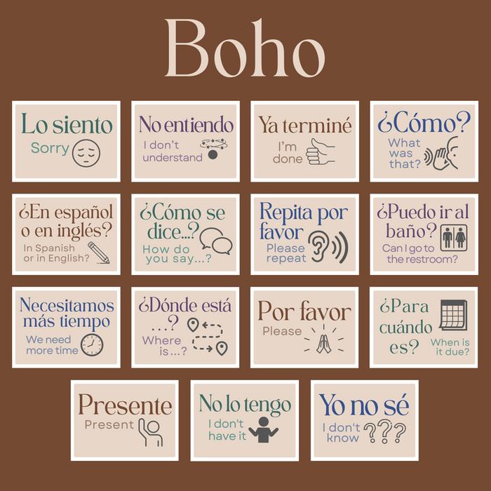 Spanish Class Bulletin Board Printable: Classroom Phrases ~ Set of 15 ~ Boho ~ 6 Designs Included ~ Class Display, Decor