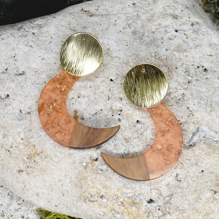 Wood Dangle Earrings with Moon Resin #466