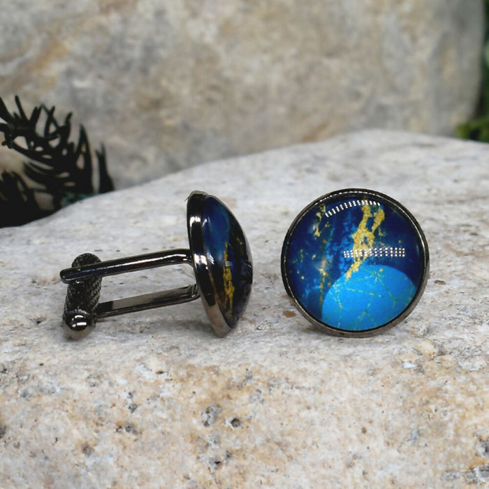 Black Steel Cufflinks with Abstract Glass #207