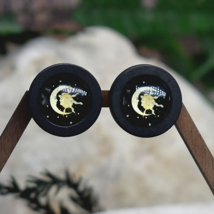 Wood Stud Earrings With Glass Cabochon #213