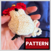 A photo of a knitted chicken toy, with the word "pattern" in all caps at the bottom. The chicken is white, with a red comb and wattle, a yellow beak, and black eyes and feet.