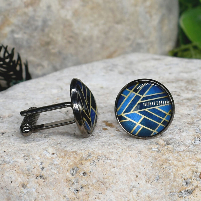 Black Steel Cufflinks with Abstract Glass #211