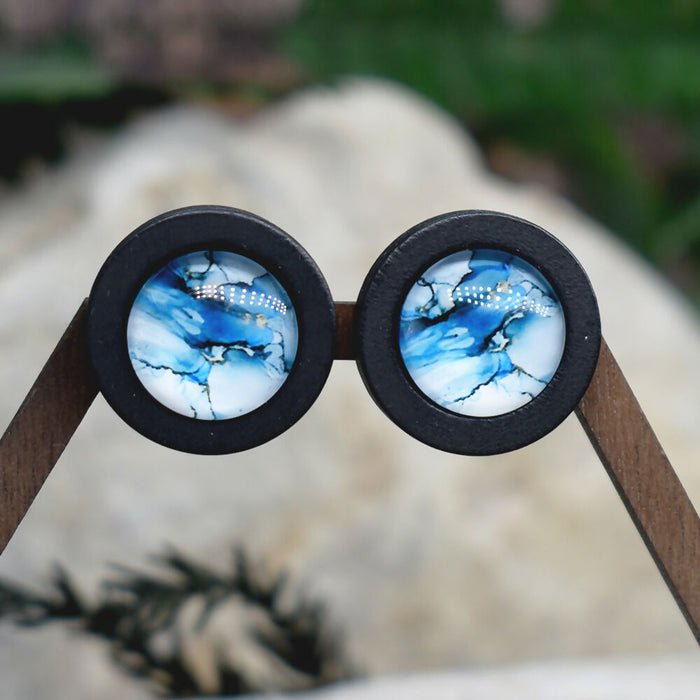 Wood Stud Earrings With Glass Cabochon #206