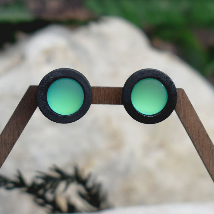 Wood Stud Earrings With Resin Chameleon Cabochon #240