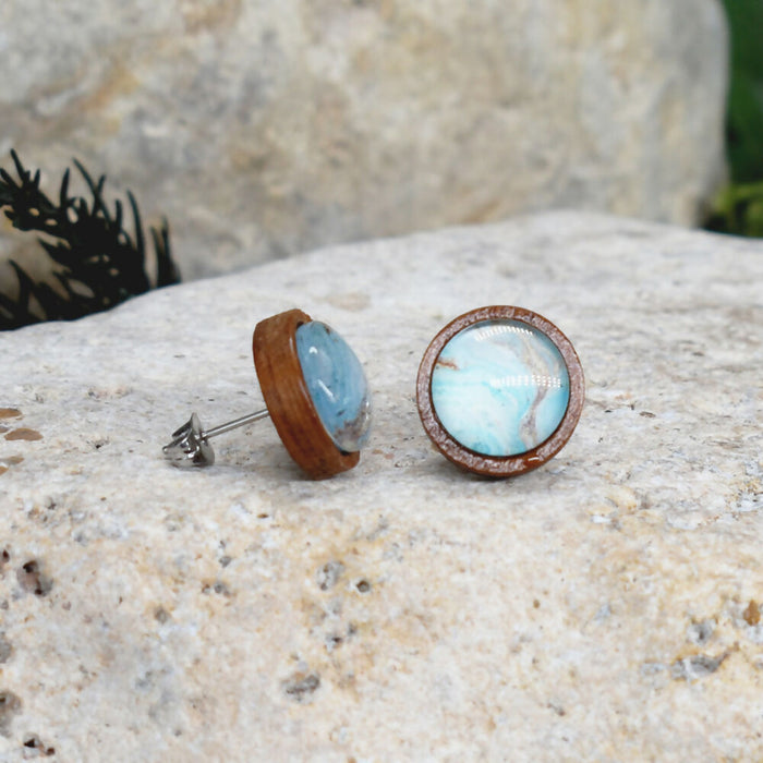 Wood Stud Earrings With Resin Cabochon #382