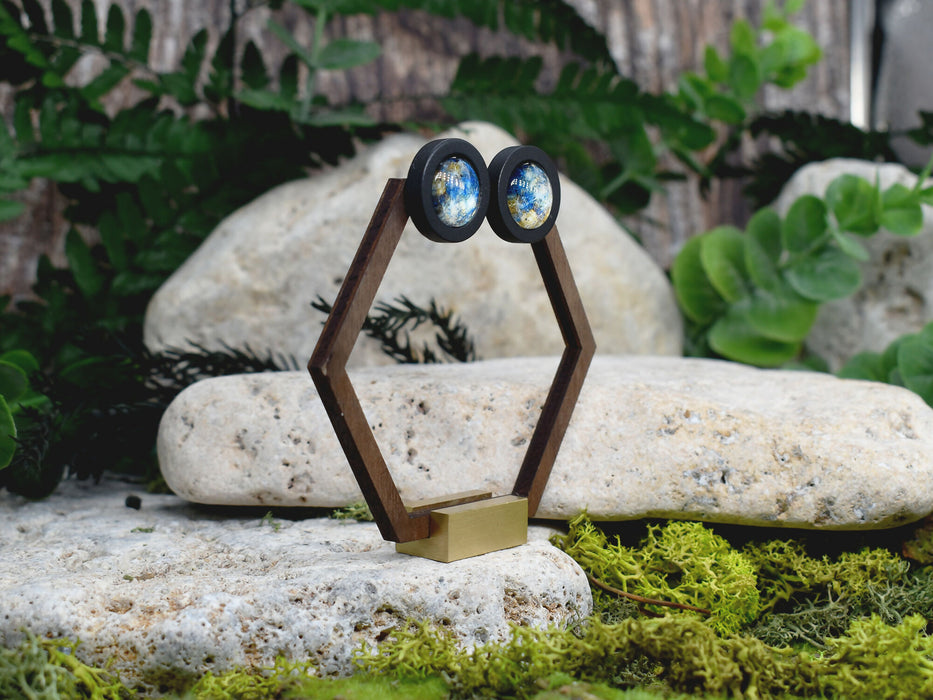 Wood Stud Earrings With Glass Mercury Cabochon #182